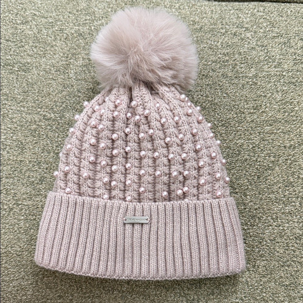 Steve Madden Blush Knit Beanie with Pom Pom